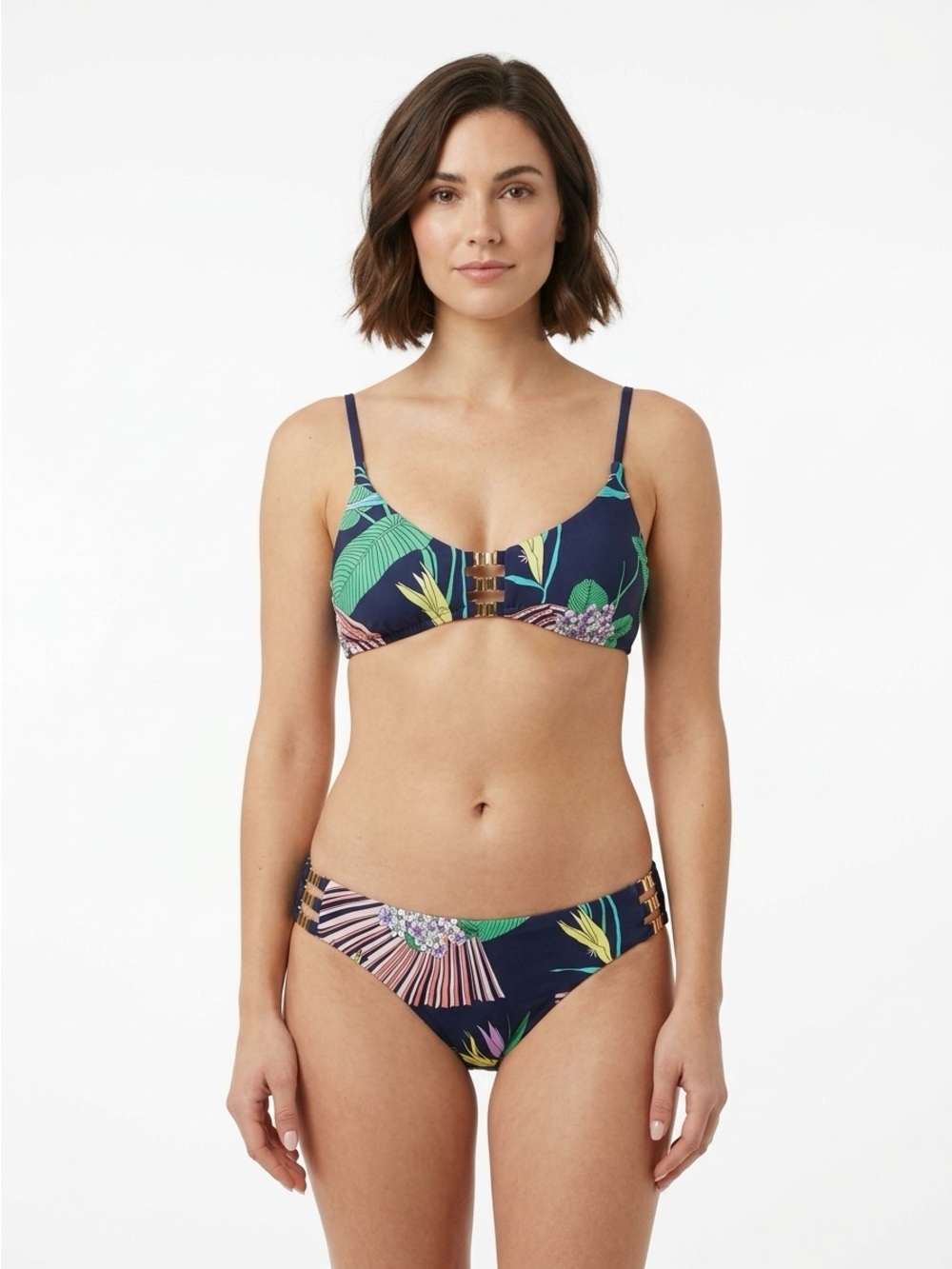 Trina Turk Bikini Set Strappy Gold Hardware Tropical Floral Navy Blue 10 12